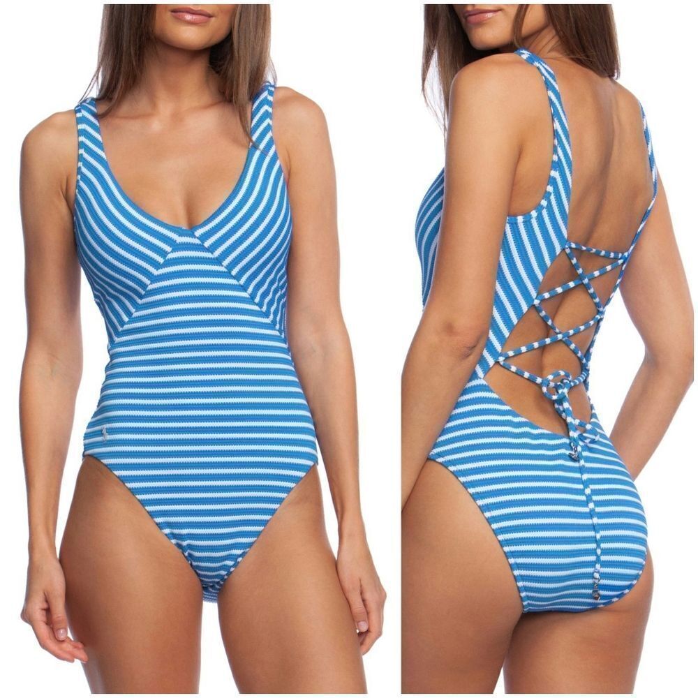 New! POLO RALPH LAUREN Striped Lace-up One-Piece Swimsuit Bathing Suit Blue